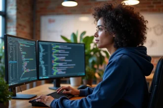 Développeuse logicielle utilisant un IDE moderne avec coloration syntaxique sur double écran dans un bureau tech