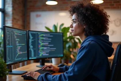 Développeuse logicielle utilisant un IDE moderne avec coloration syntaxique sur double écran dans un bureau tech