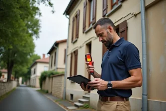 Diagnostiqueur immobilier réalisant un DPE sur la façade d'une maison individuelle française