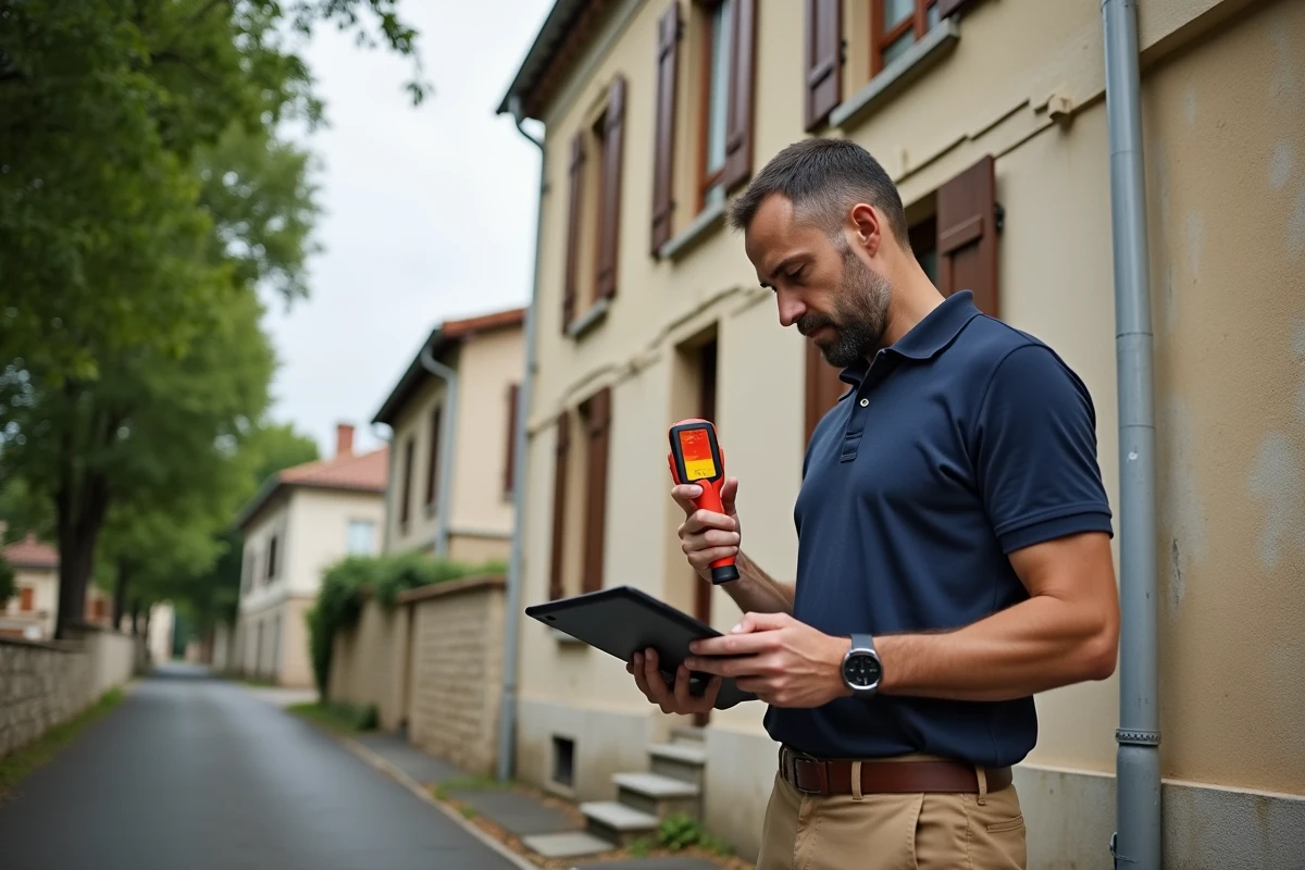 Diagnostiqueur immobilier réalisant un DPE sur la façade d'une maison individuelle française