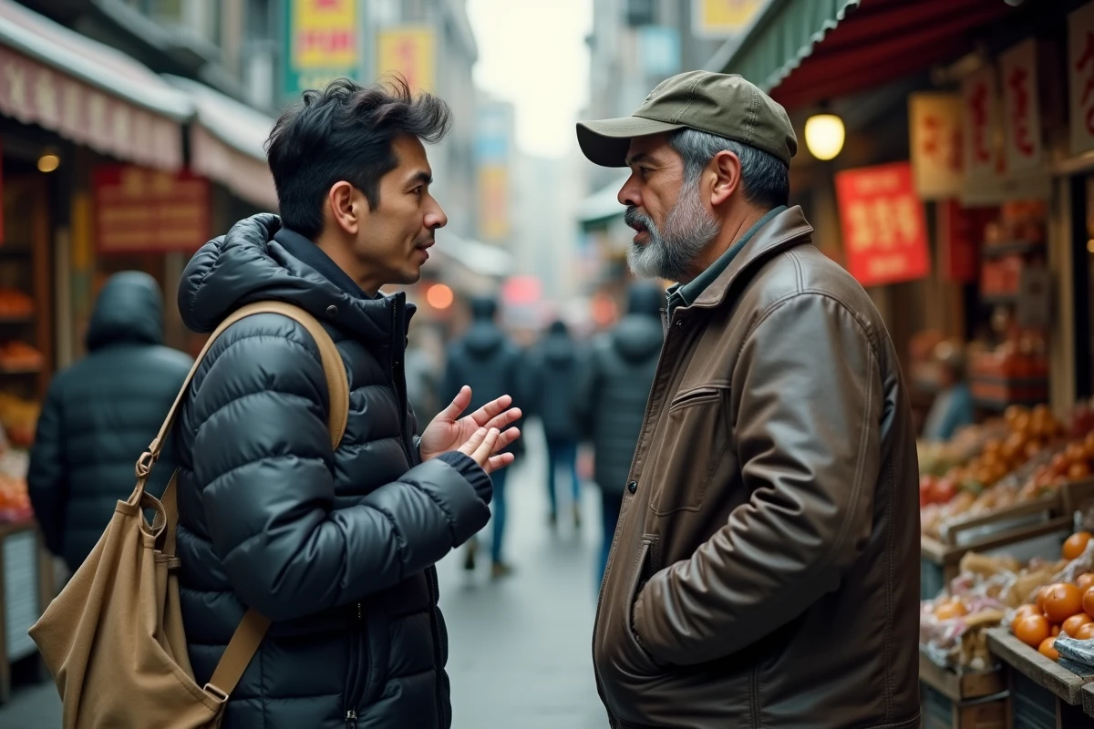 Deux hommes de cultures différentes en conversation animée dans un marché urbain multiculturel, symbolisant les malentendus interculturels
