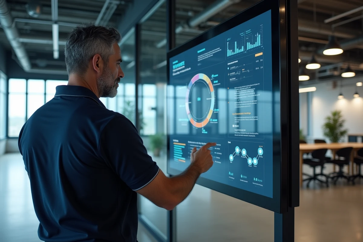 Manager devant un tableau de bord numérique interactif illustrant la transformation digitale des processus métier en entreprise
