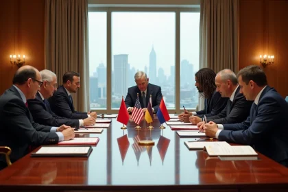 Diplomates de plusieurs pays réunis autour d'une table de conférence officielle avec des drapeaux nationaux, symbolisant l'expansion des BRICS en 2026
