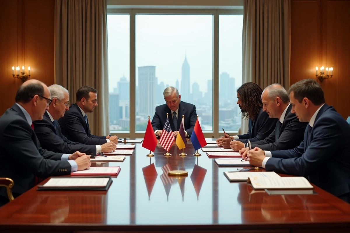 Diplomates de plusieurs pays réunis autour d'une table de conférence officielle avec des drapeaux nationaux, symbolisant l'expansion des BRICS en 2026