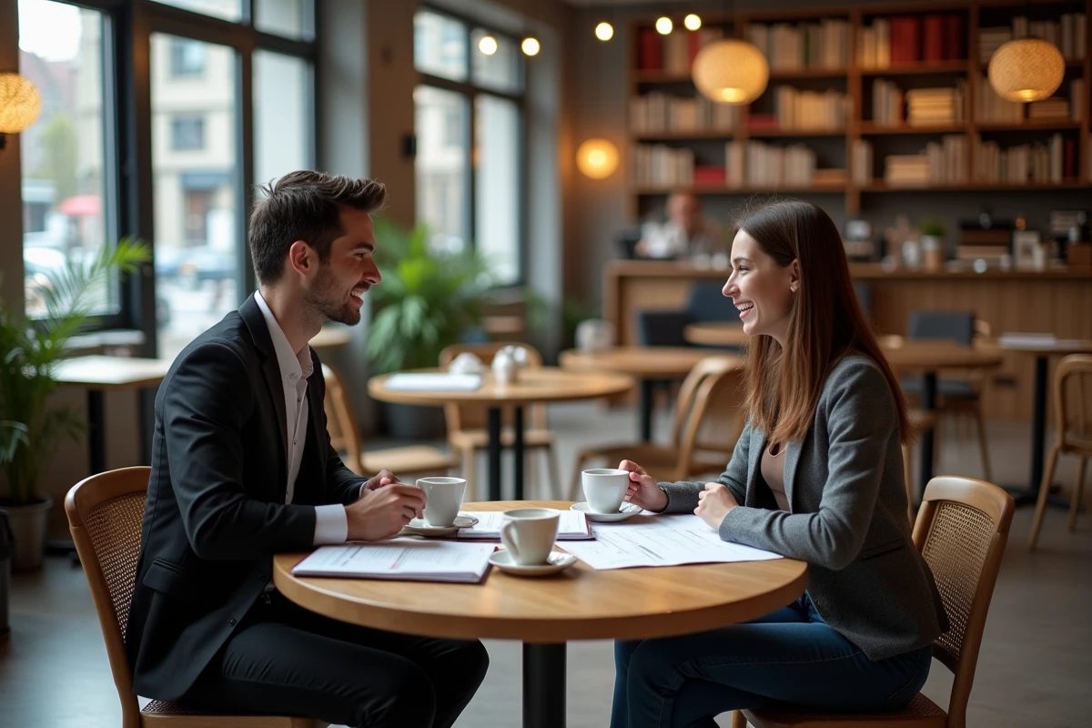 Deux jeunes professionnels discutant des domaines d'activité les plus rentables autour d'une table de café avec des documents financiers