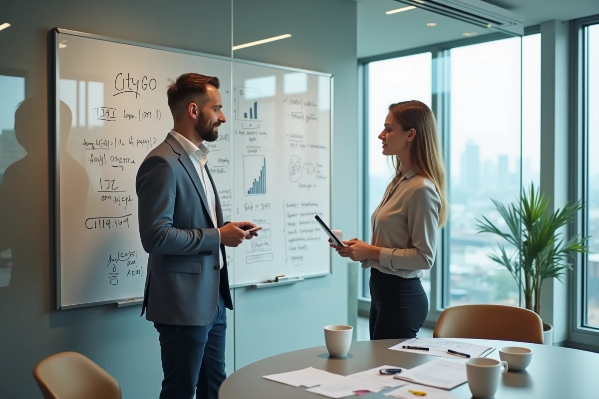 Deux professionnels discutant de la rentabilité économique du service CityGo devant un tableau blanc en salle de réunion