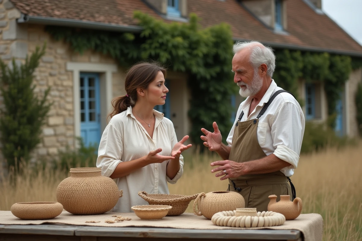 Deux personnes discutant d'objets artisanaux devant une ferme traditionnelle française, évoquant la transmission de la vrade