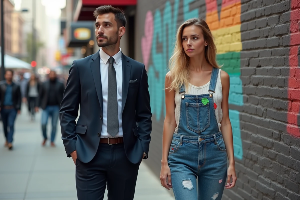 Deux personnes aux styles vestimentaires opposés devant un mur de street art, illustrant la diversité des expressions identitaires