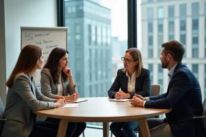 Quatre professionnels réunis autour d'une table discutant des domaines de l'éthique en entreprise