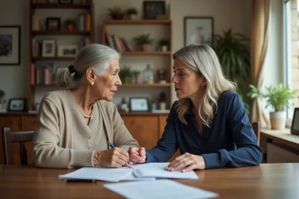 Une grand-mère et sa fille adulte discutent d'une donation de son vivant autour de documents notariaux à la maison