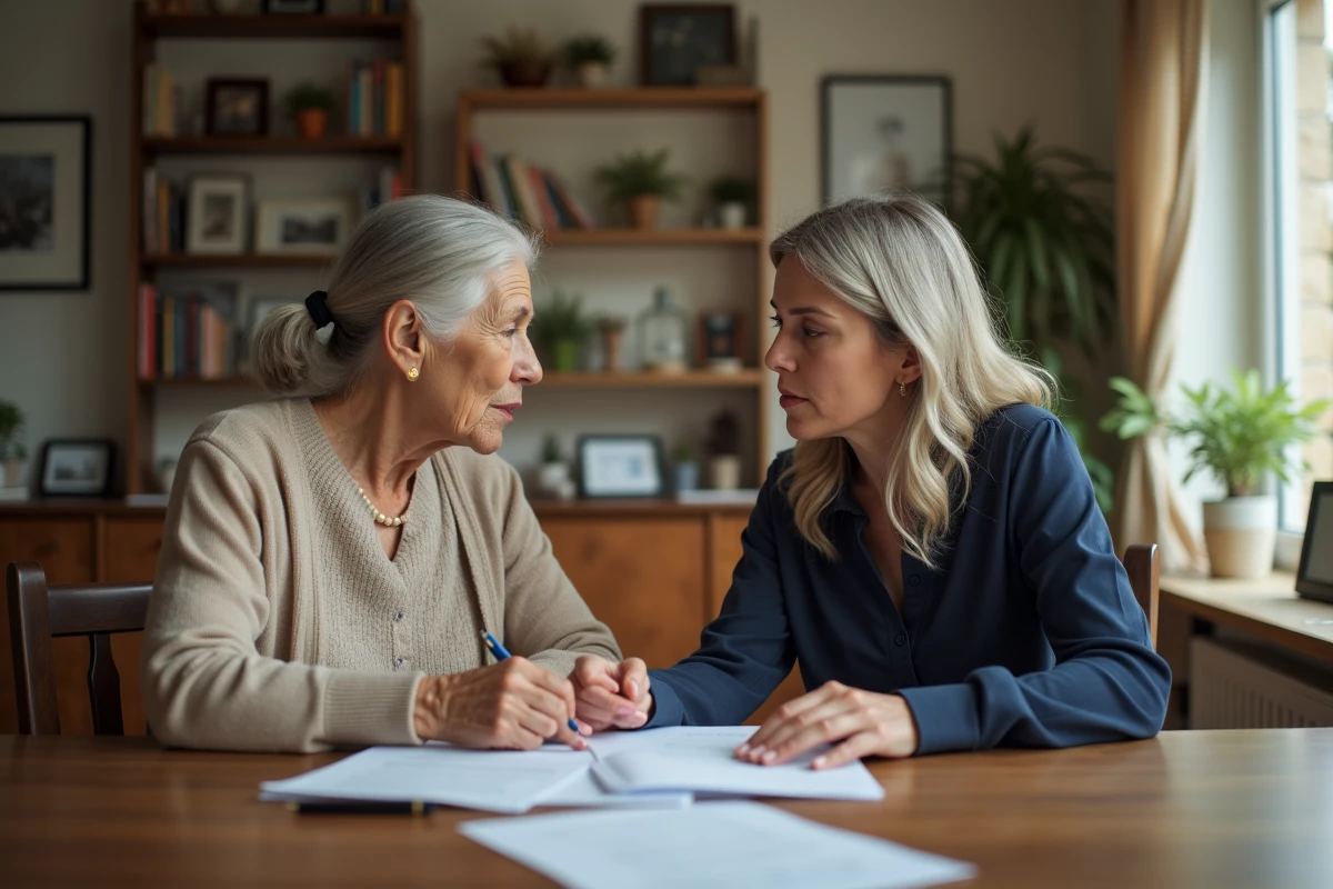 Une grand-mère et sa fille adulte discutent d'une donation de son vivant autour de documents notariaux à la maison