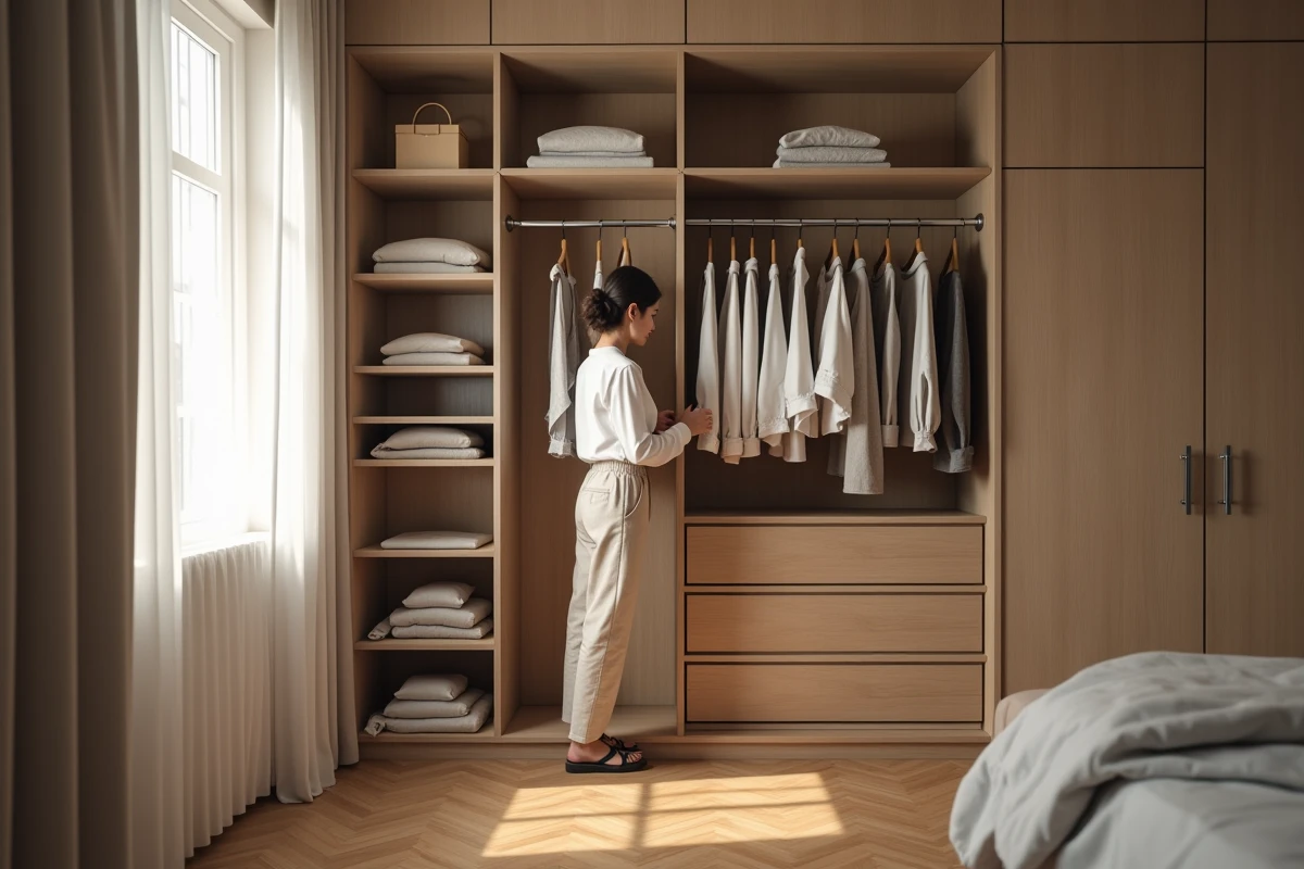 Femme devant un dressing en alcôve intégré dans la chambre à coucher avec rangements ouverts et tiroirs en bois
