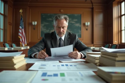 Économiste analysant les documents du budget 2026 dans une salle de conférence gouvernementale