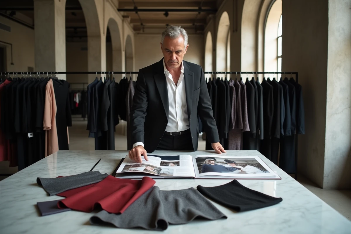 Éditeur de mode masculin examinant des échantillons de tissu dans un showroom de la Fashion Week de Milan