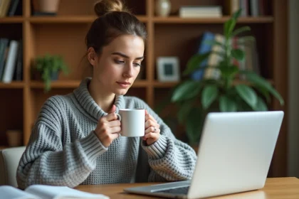 Femme concentrée tenant une tasse de café devant un ordinateur portable dans un bureau à domicile, illustrant les effets de la caféine sur la concentration cérébrale