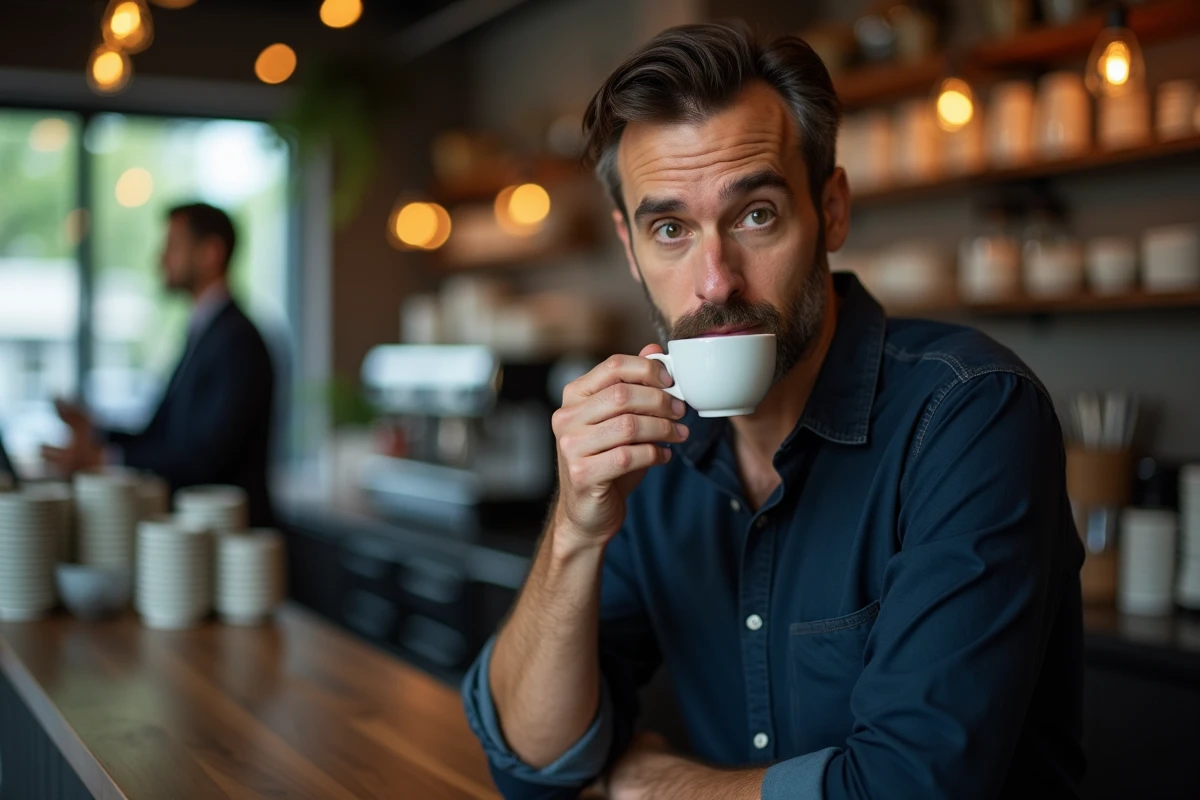 Homme buvant un expresso au comptoir d'un café urbain, exprimant un état d'éveil et d'alerte lié aux effets stimulants de la caféine sur le cerveau