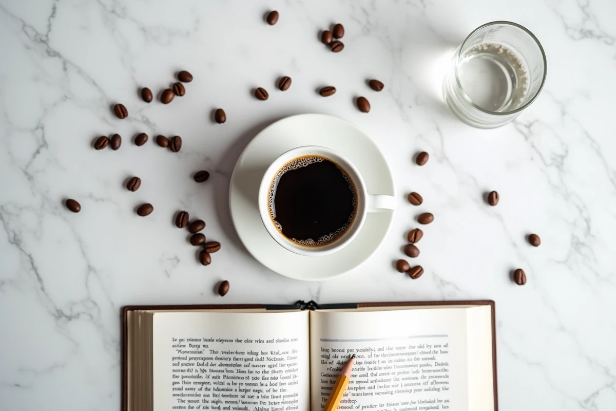 Vue aérienne d'une tasse de café noir, de grains de café et d'un livre de neurosciences ouvert sur une surface en marbre blanc, symbolisant les effets de la caféine sur le cerveau