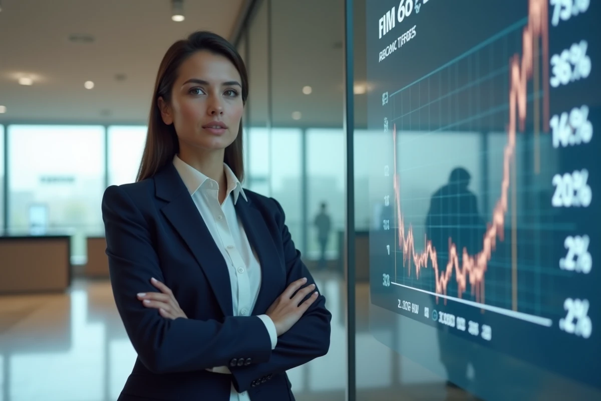 Employée de banque devant un tableau de bord affichant des taux d'intérêt en hausse dans une agence moderne
