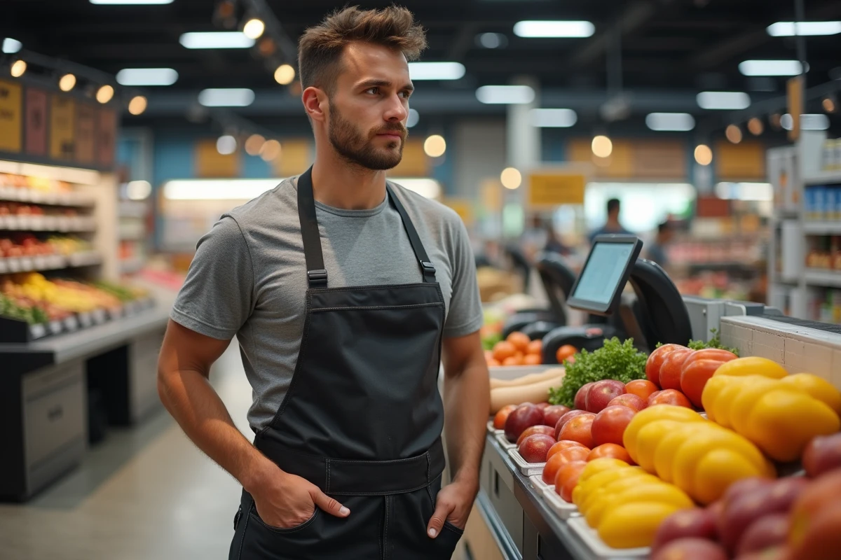 Employé de supermarché au SMIC travaillant à la caisse, représentant les travailleurs au salaire minimum en 2026