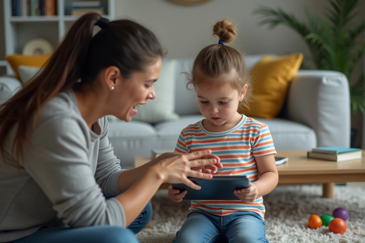 Petite fille ignorant délibérément sa mère en restant focalisée sur une tablette dans le salon familial