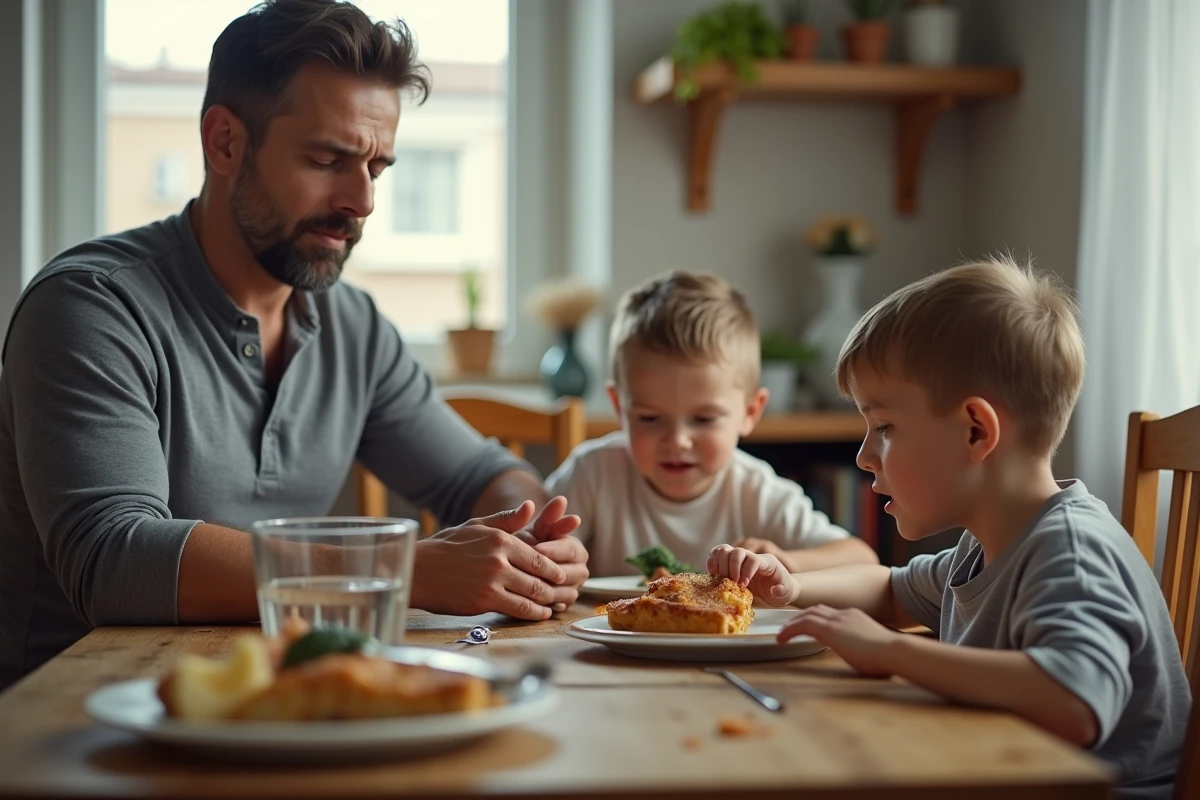 Enfant irrespectueux prenant la nourriture de l'assiette d'un autre à table sous le regard fatigué d'un parent