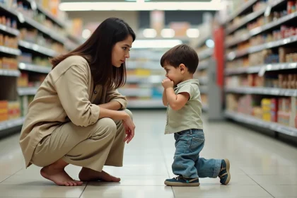 Enfant faisant une crise de colère dans un supermarché pendant que sa mère tente de gérer la situation