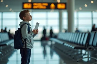 Jeune garçon d'environ 10 ans portant un sac à dos bleu marine dans un aéroport, tenant une carte d'embarquement et regardant les panneaux de départ