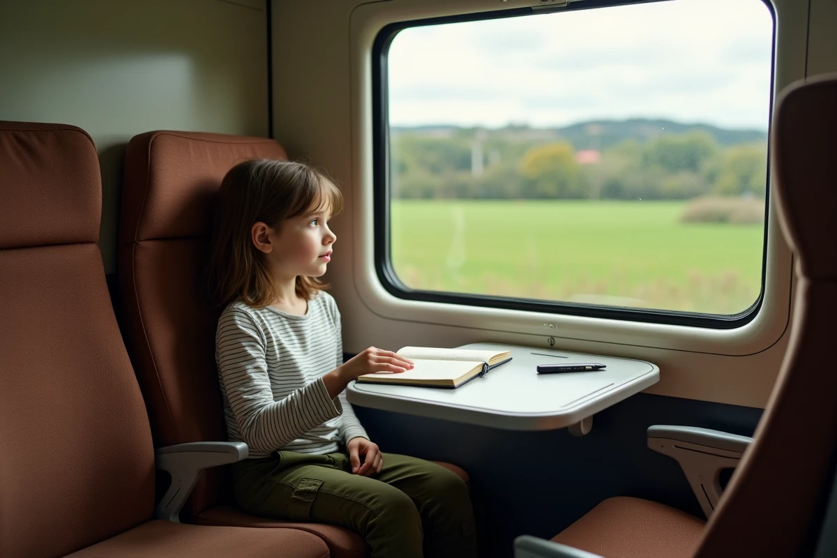 Fillette de 12 ans assise seule dans un compartiment de train, regardant le paysage défiler par la fenêtre avec un journal ouvert devant elle