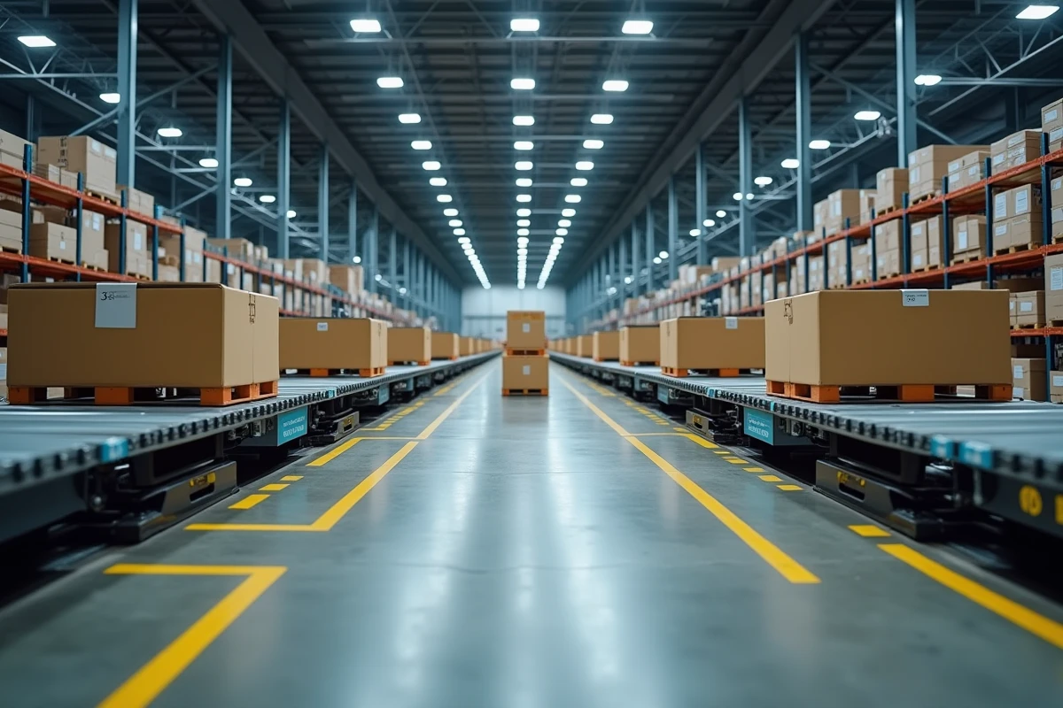 Entrepôt logistique entièrement automatisé avec convoyeurs et robots de tri sans personnel humain