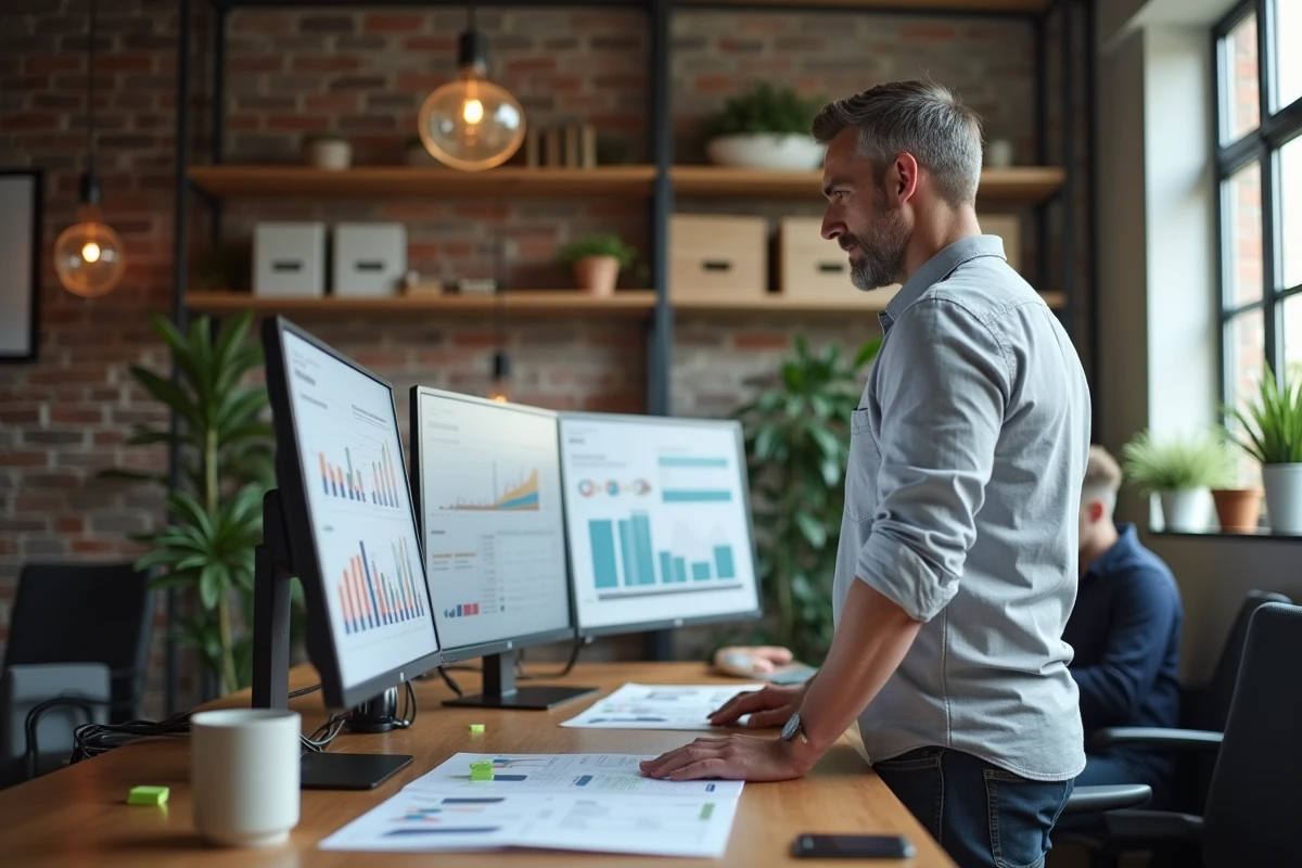 Entrepreneur masculin étudiant les performances de différents secteurs d'activité rentables dans un espace de co-working