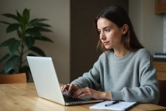 Jeune femme entrepreneur travaillant depuis chez elle sur son ordinateur portable avec des notes de business plan
