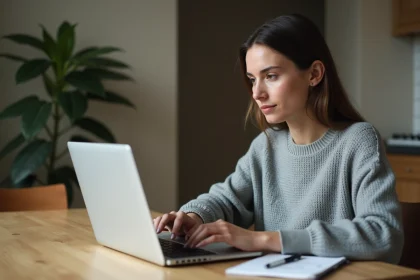 Jeune femme entrepreneur travaillant depuis chez elle sur son ordinateur portable avec des notes de business plan