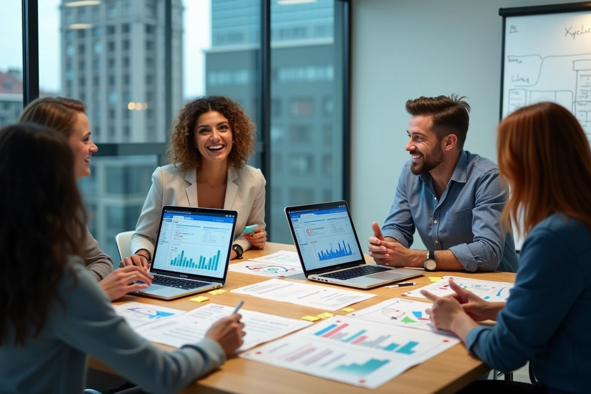 Équipe de professionnels analysant des données d'un écosystème touristique numérique autour d'une table de réunion avec tableaux de bord et rapports