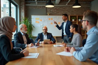 Équipe diverse et inclusive réunie autour d'une table de réunion en entreprise, incluant des personnes en situation de handicap et de différentes origines culturelles