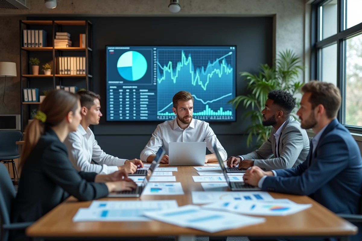Équipe de professionnels de la finance discutant de l'allocation des fonds bancaires en salle de réunion