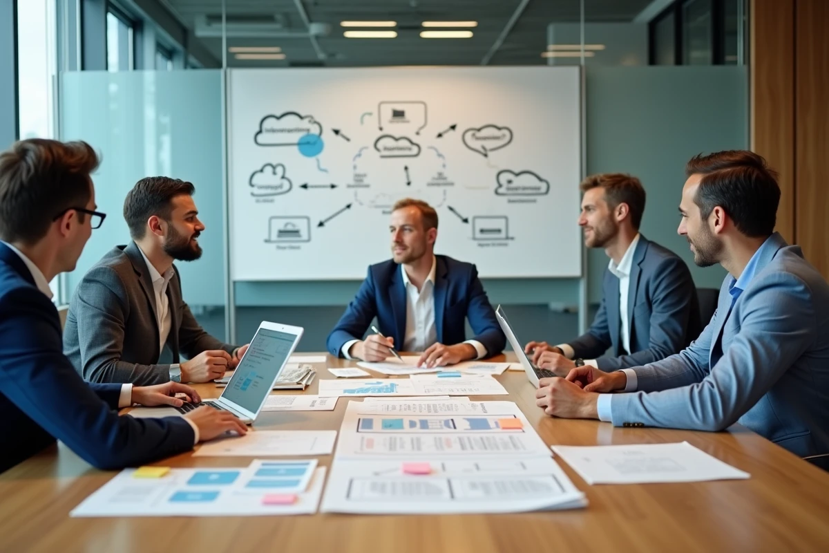 Équipe de professionnels planifiant un projet de migration vers le cloud autour d'une table de réunion