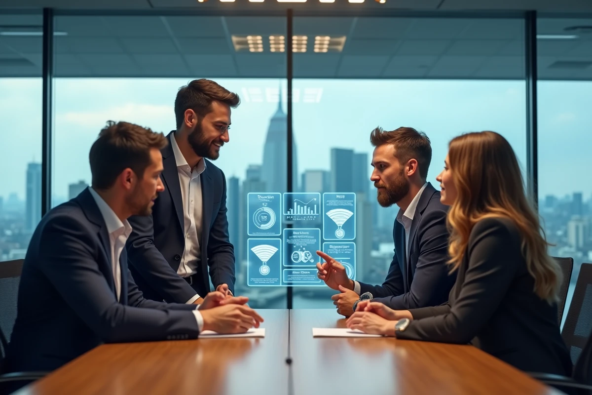 Équipe de professionnels analysant des tableaux de bord numériques en salle de réunion, représentant la transformation digitale en entreprise