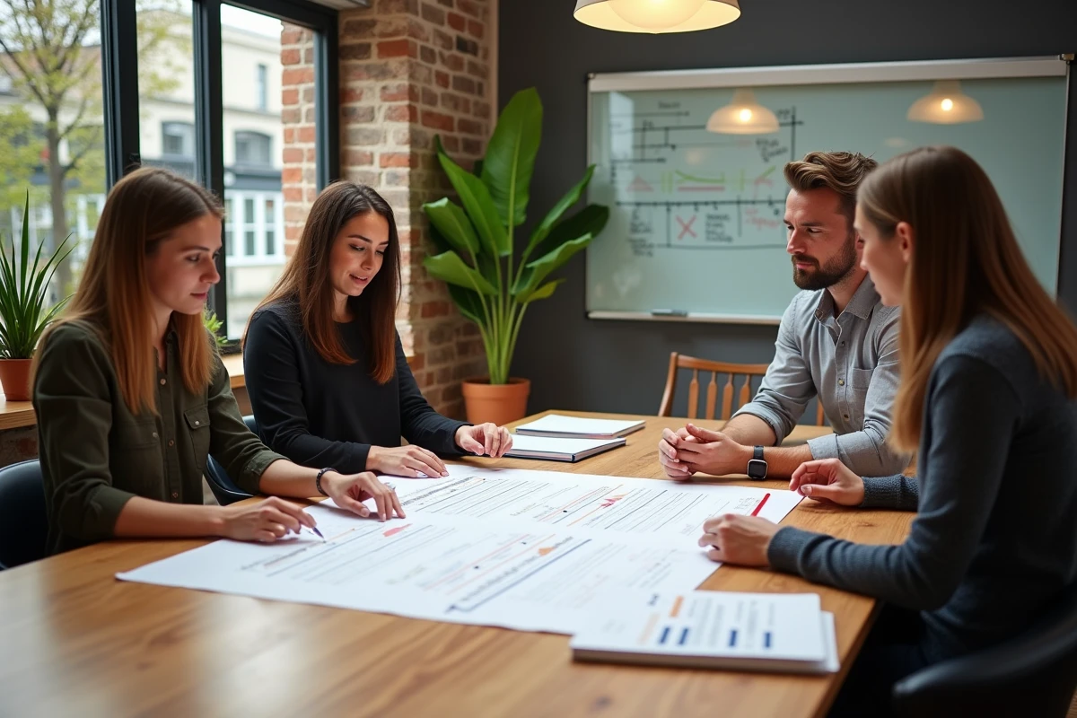 Équipe de professionnels de l'événementiel révisant ensemble une feuille de déroulement détaillée dans un espace de coworking