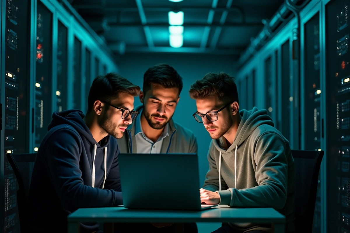 Équipe de professionnels en sécurité informatique discutant d'un cadre d'audit cybersécurité autour d'un ordinateur portable dans une salle des serveurs
