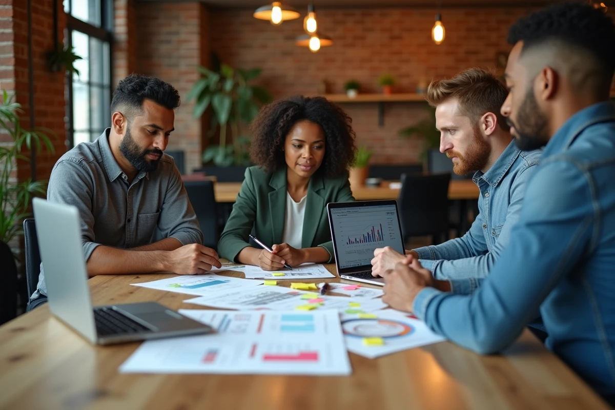 Équipe de professionnels collaborant sur des stratégies de développement autour d'une table en espace coworking