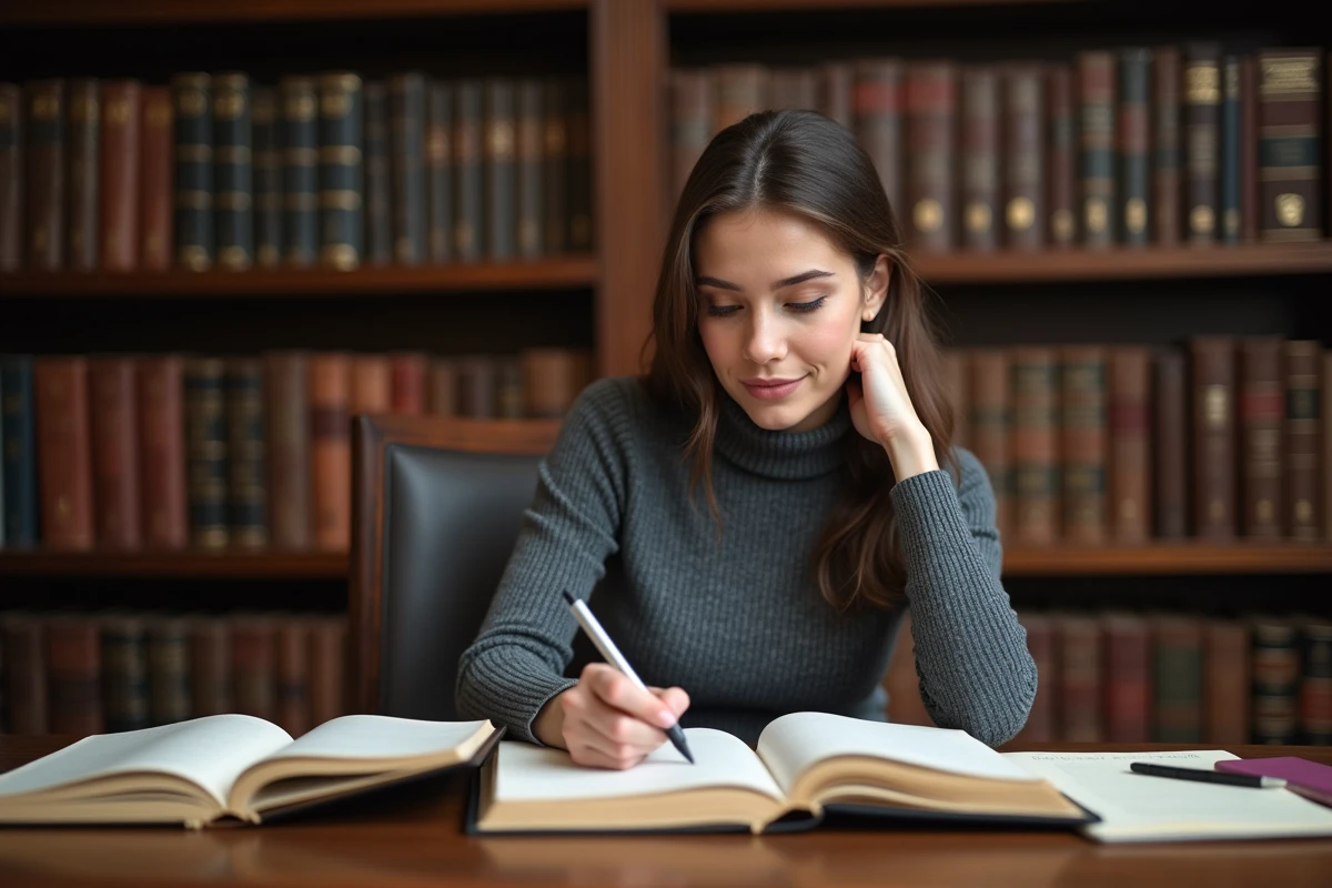 Étudiante en droit consultant des traités juridiques sur la formation de la coutume dans une bibliothèque universitaire