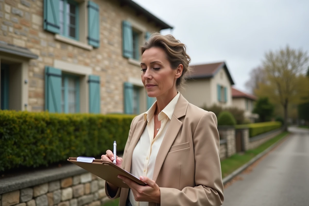 Experte immobilière évaluant la valeur d'une maison lors d'une estimation de succession