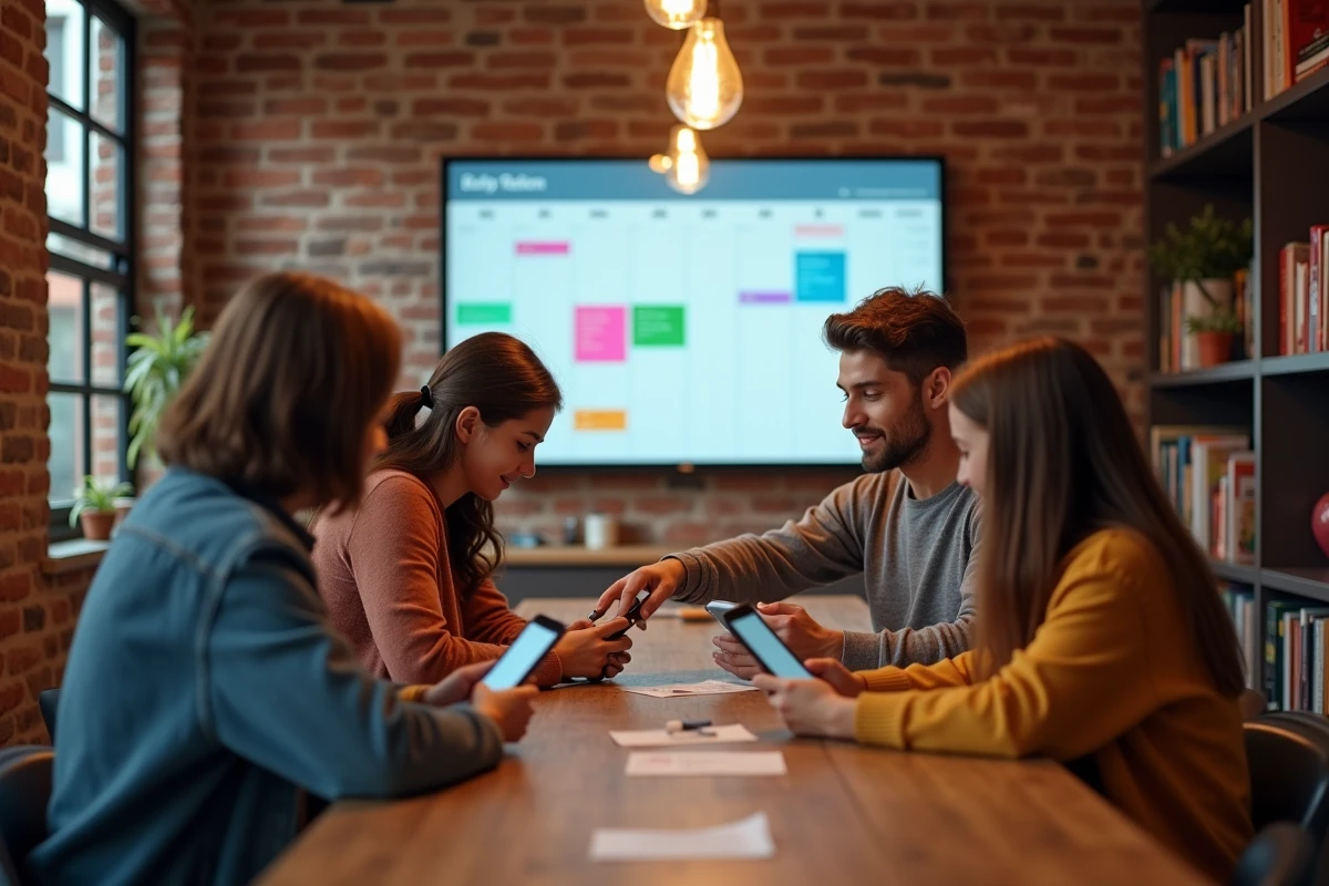 Famille réunie autour d'un calendrier partagé affiché sur écran connecté et smartphones