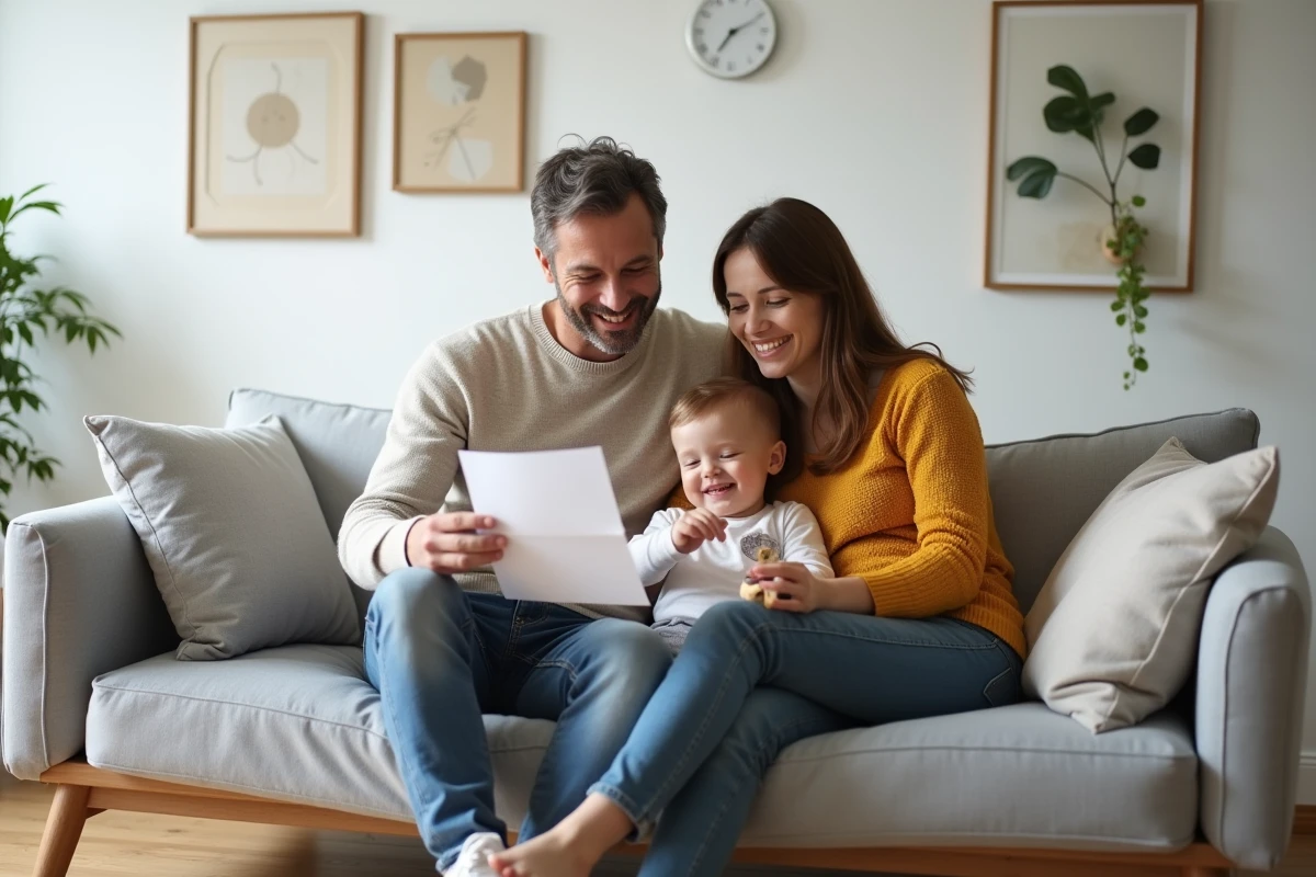 Famille heureuse recevant la confirmation de la prime d'adoption dans leur salon