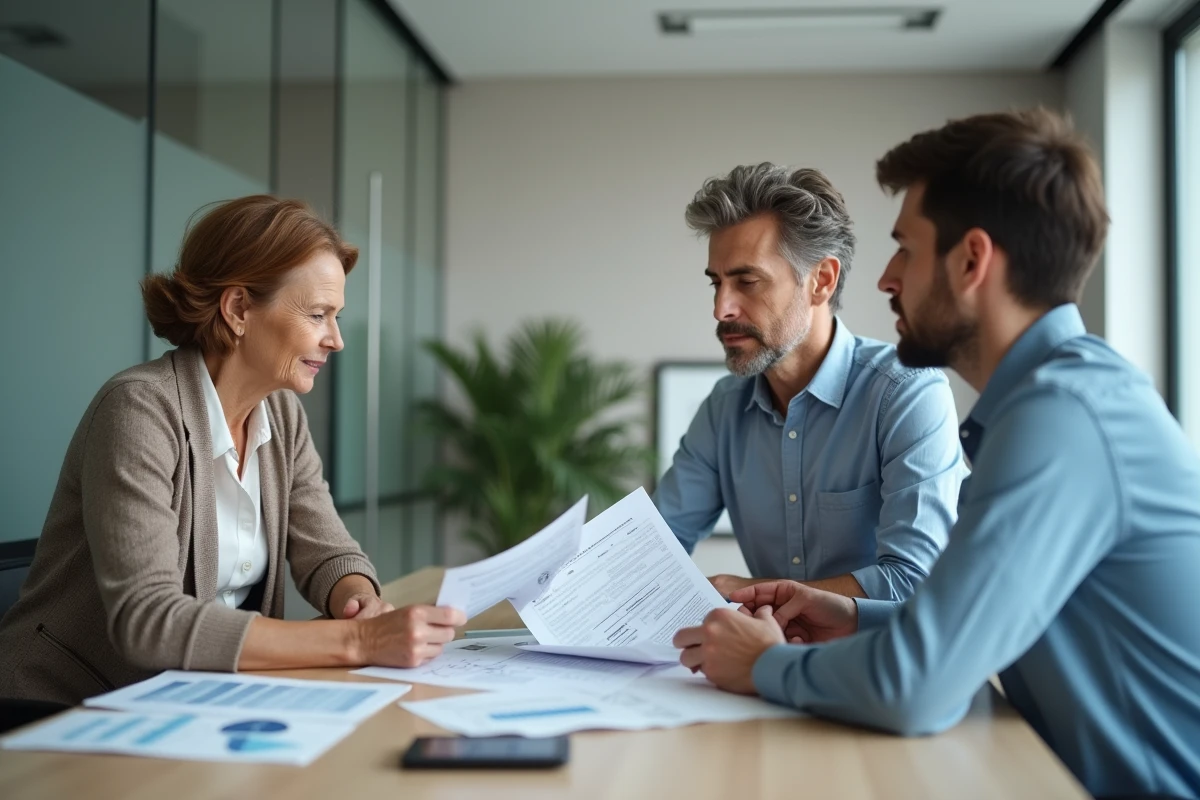 Famille en réunion avec un conseiller pour l'estimation d'un bien immobilier dans le cadre d'une succession