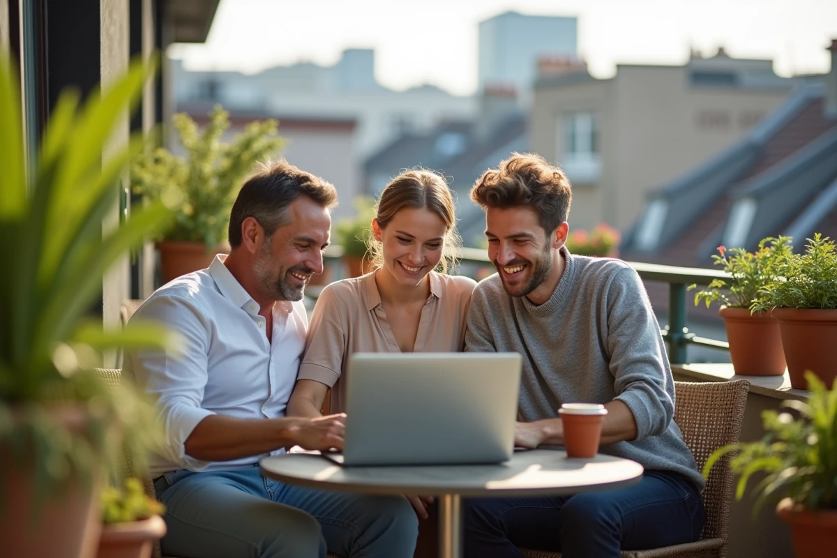 Famille moderne recomposée avec couple et jeune adulte partageant un moment connecté sur un balcon urbain ensoleillé