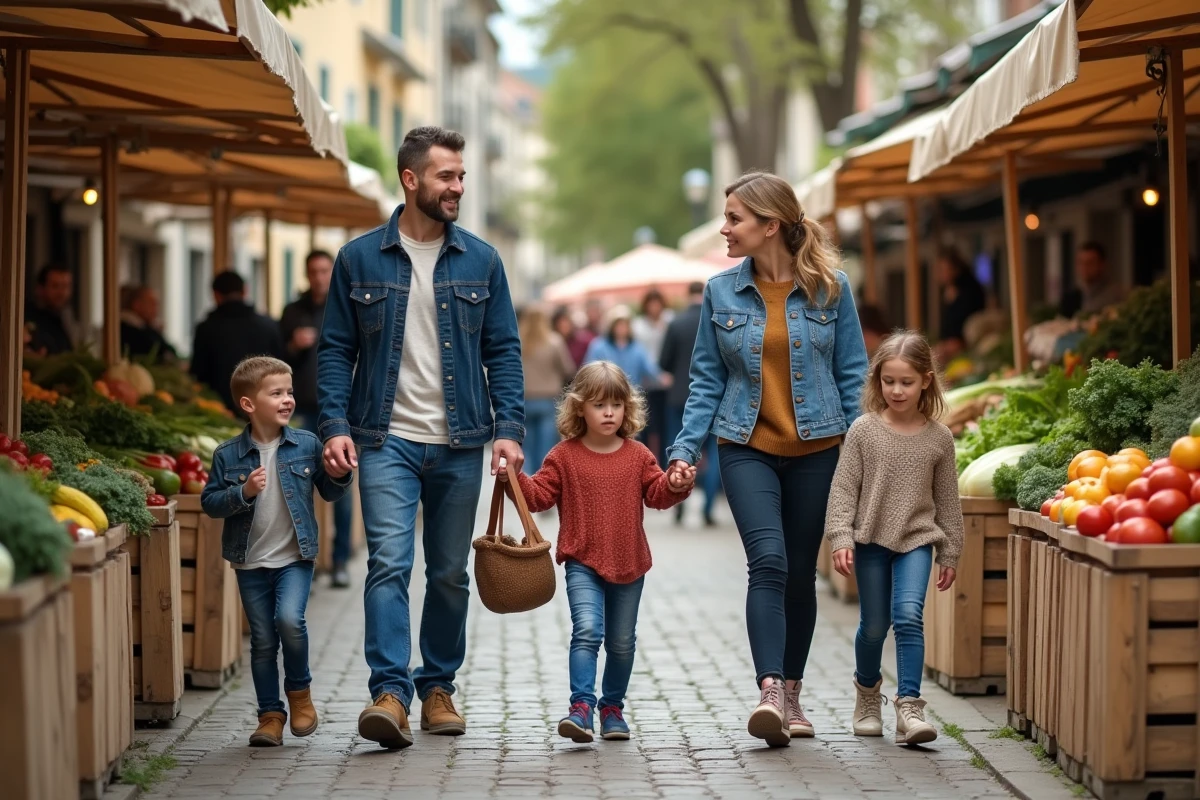 Famille recomposée et épanouie se promenant ensemble dans un marché de plein air, symbole de la diversité et du bonheur familial moderne