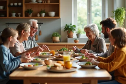 Famille multigénérationnelle réunie autour d'un repas convivial dans une cuisine moderne, illustrant la solidarité et le lien familial