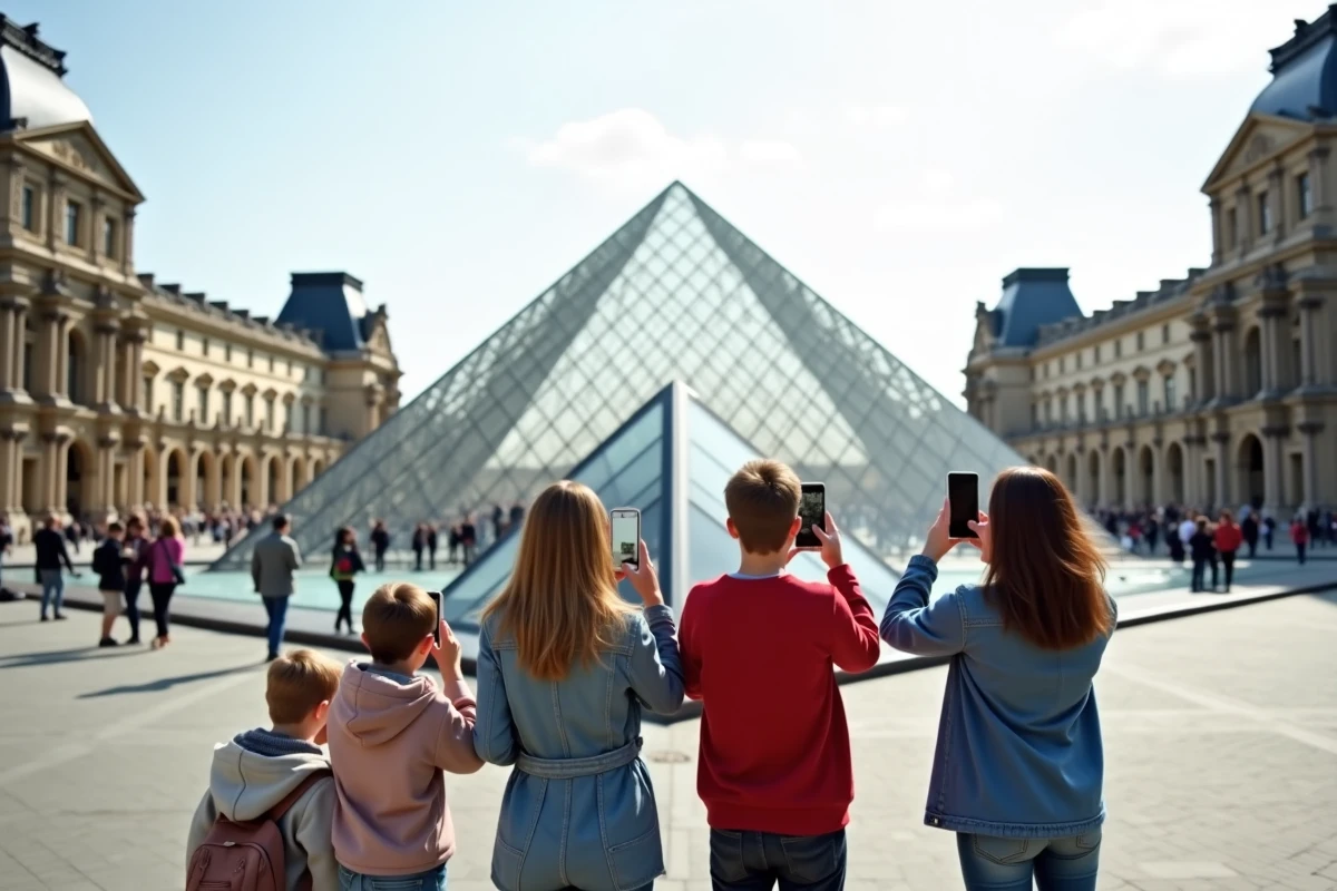 Famille de touristes photographiant la pyramide du Louvre à Paris, symbole du tourisme culturel en France