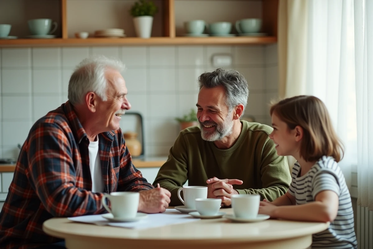 Trois générations d'une famille réunies autour d'une table pour discuter d'une donation patrimoniale entre vifs